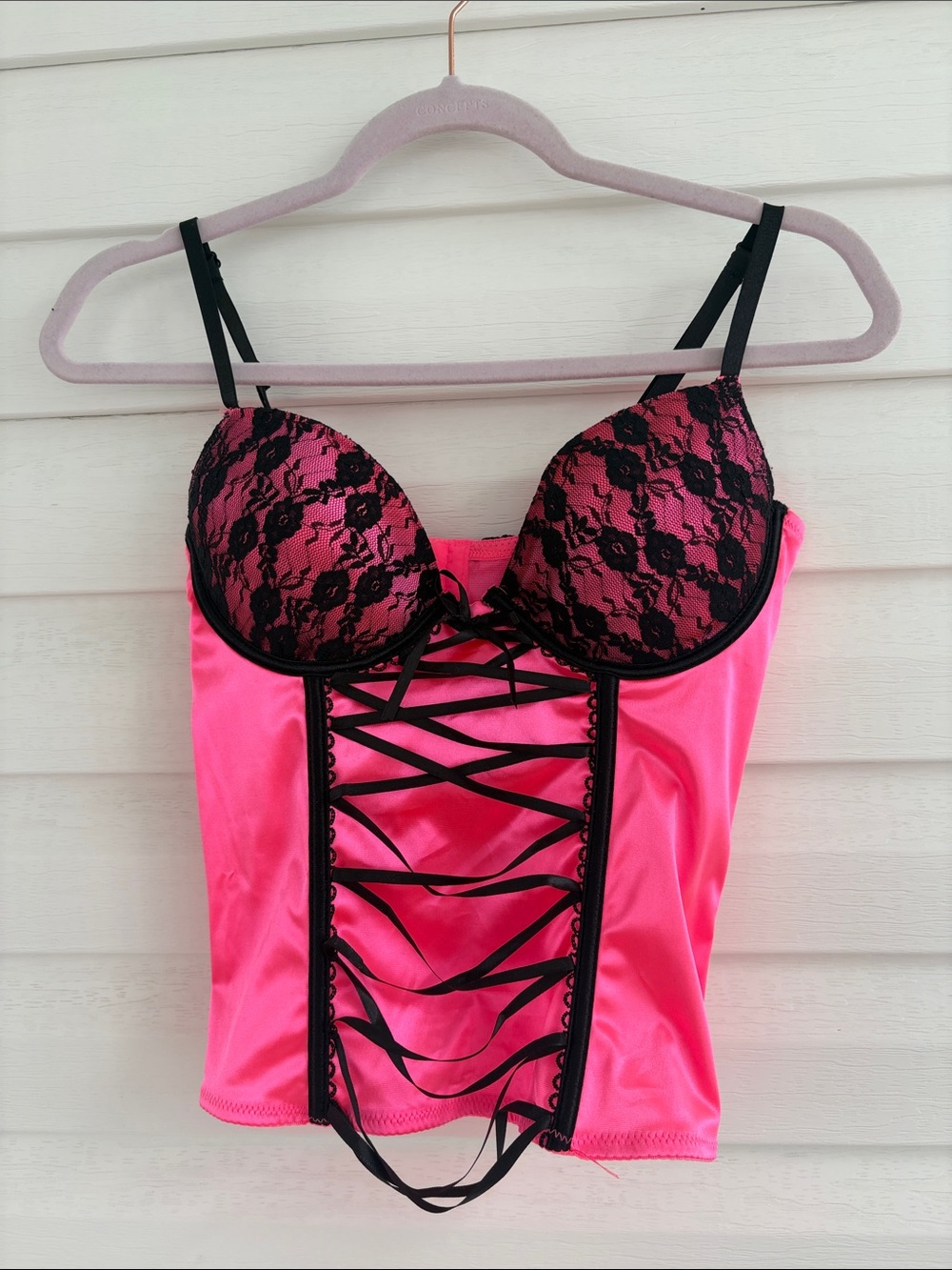 Rage Intimates Pink Black Lace Corset Bustier Top Size Medium Y2K Bratz Concert